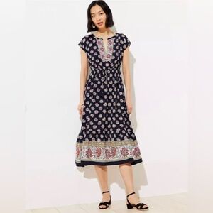Loft Bohemian Floral V-Neck Navy Midi Dress ST